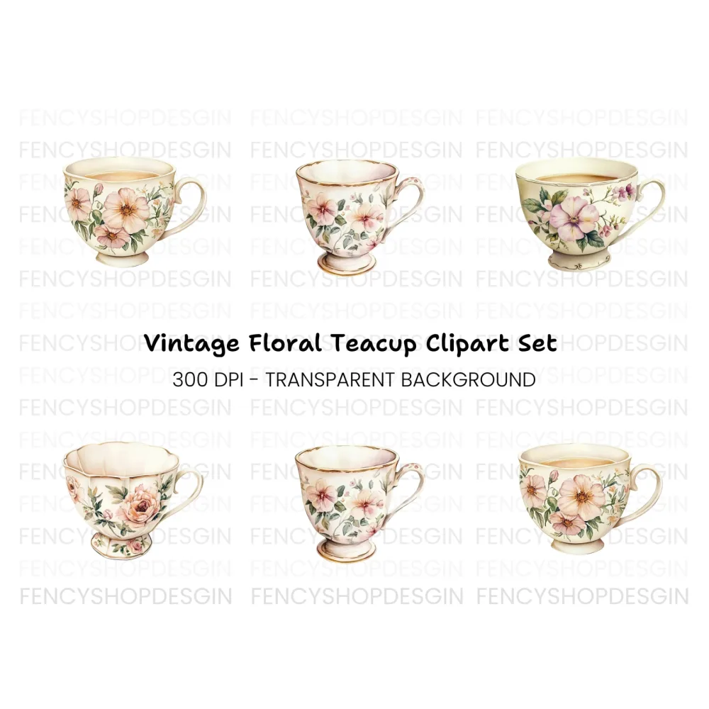 Elegant Floral Teacups Clipart Bundle