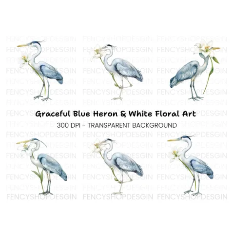 Heron with White Lily Flower Clipart Bundle