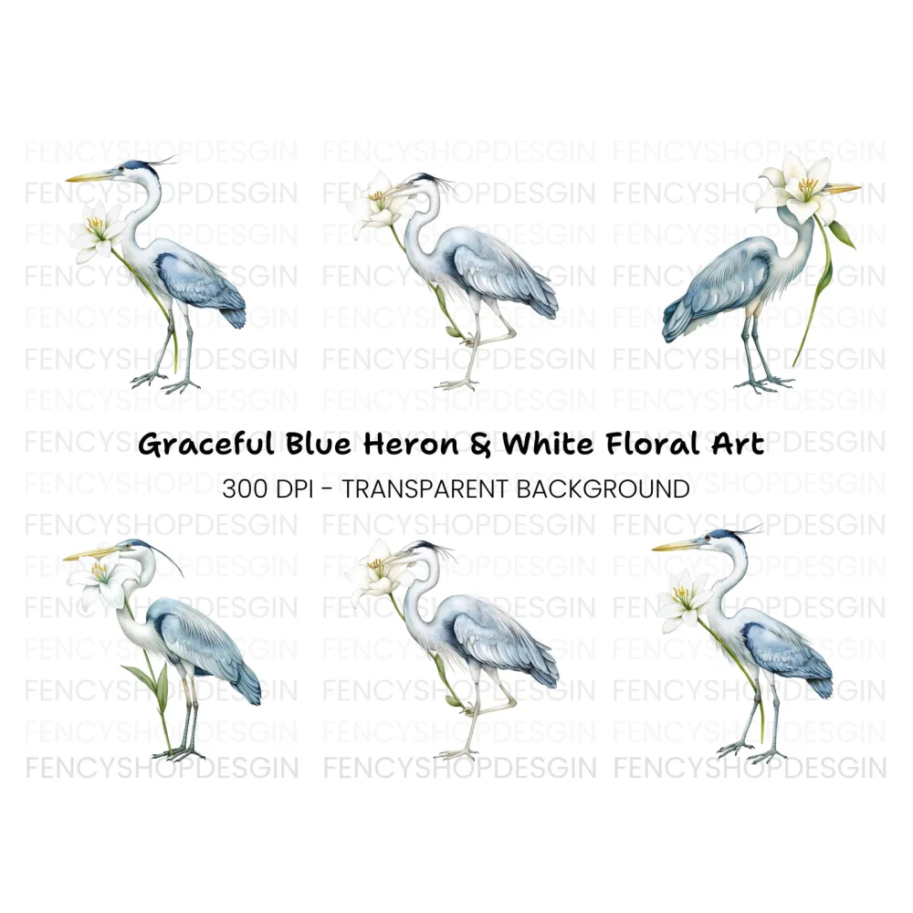 Heron with White Lily Flower Clipart Bundle
