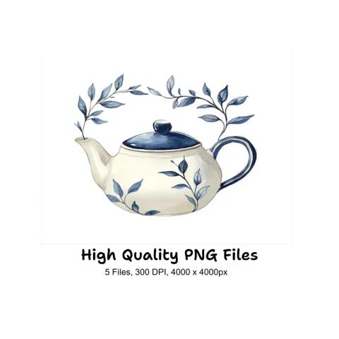 Blue and White Floral Teapots Clipart Bundle