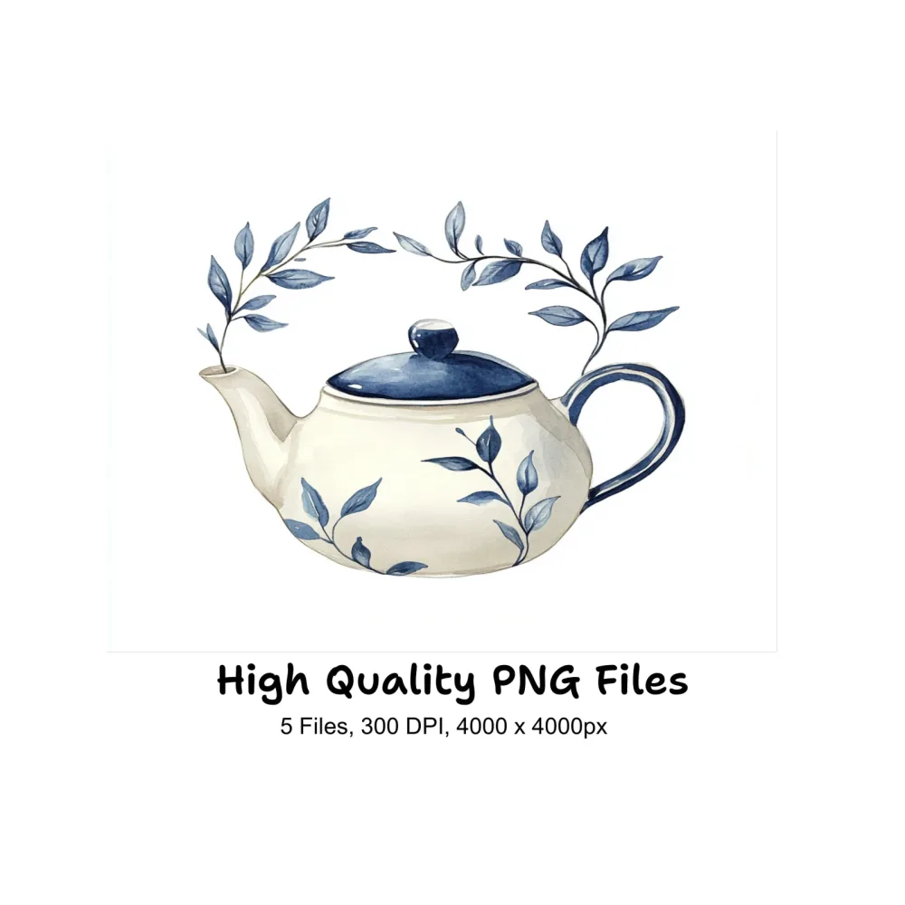 Blue and White Floral Teapots Clipart Bundle