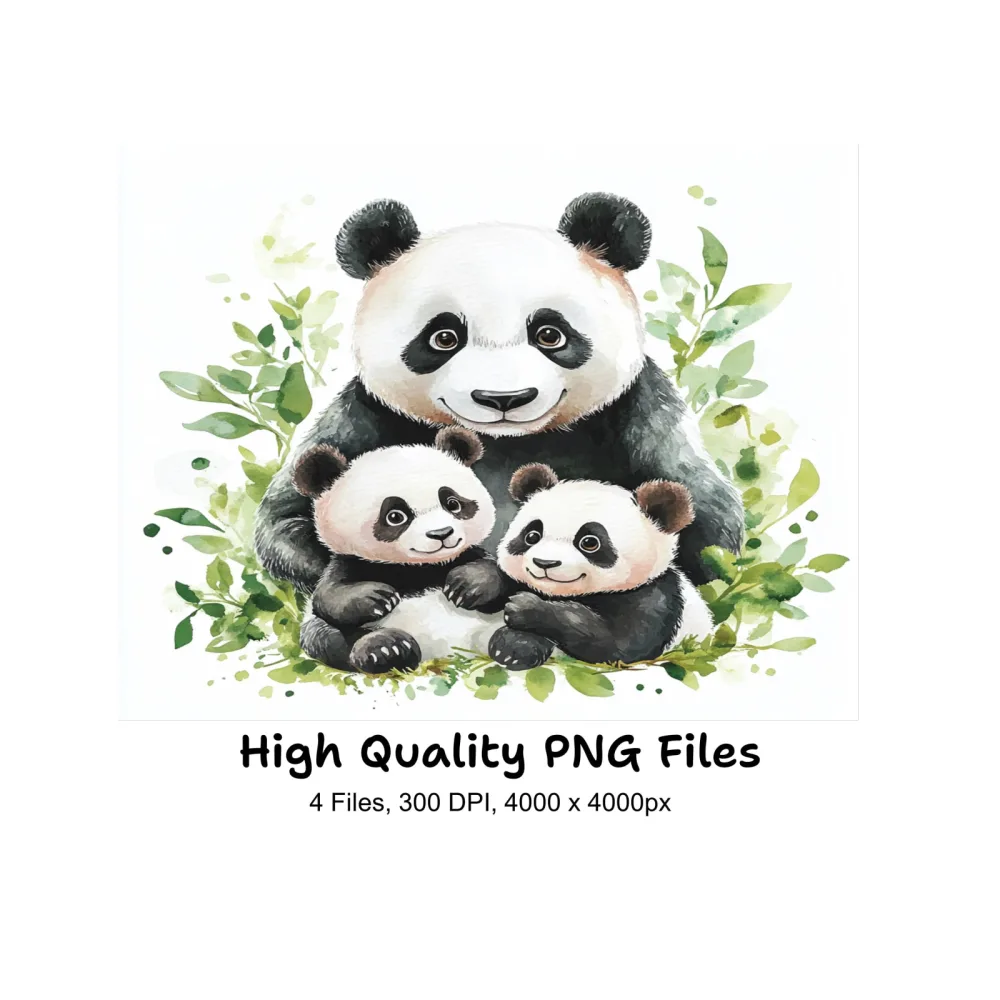 Panda Family with Green Leaves Clipart Bundle
