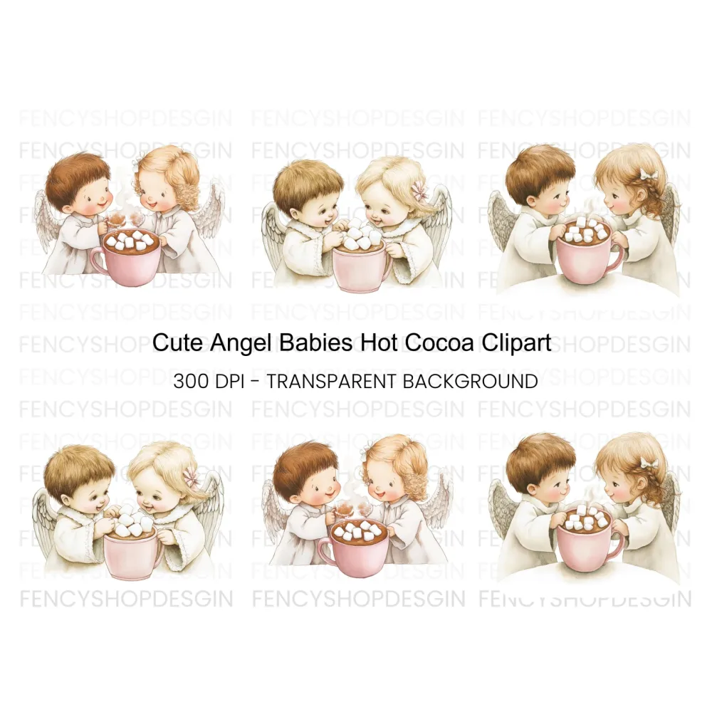 Cute Angels with Hot Cocoa Clipart Bundle