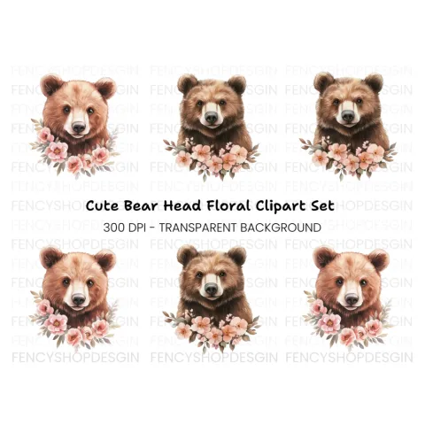 Cute Bear Faces with Floral Wreaths Clipart Bundle