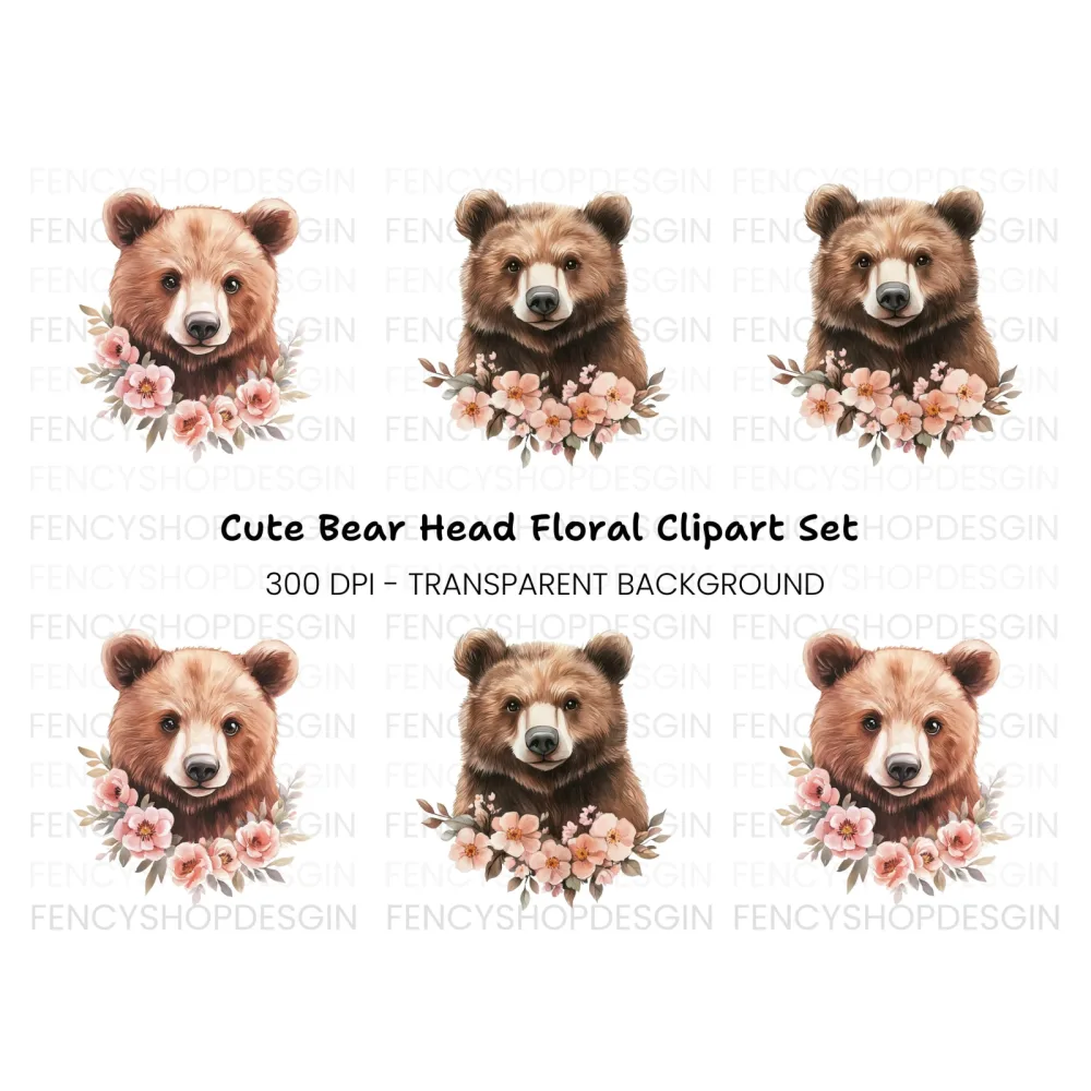 Cute Bear Faces with Floral Wreaths Clipart Bundle