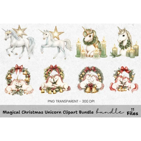 Christmas Unicorn Wreath Clipart Bundle