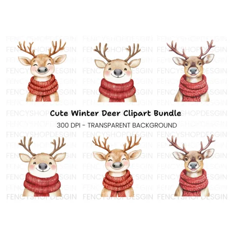 Smiling Reindeer with Red Scarf Clipart Bundle