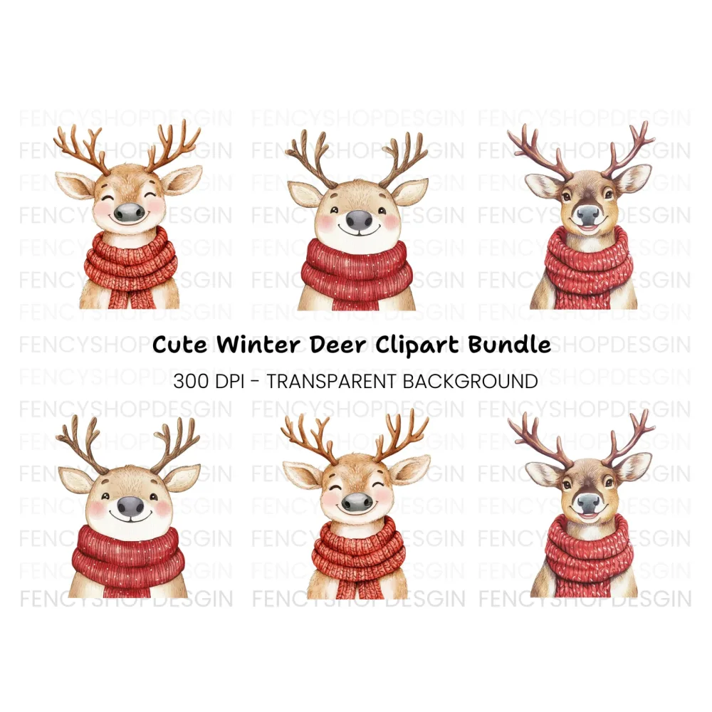Smiling Reindeer with Red Scarf Clipart Bundle