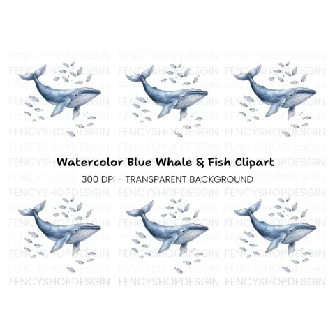 Blue Whale and Fish Ocean Clipart Bundle