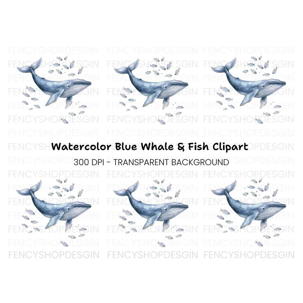Blue Whale and Fish Ocean Clipart Bundle