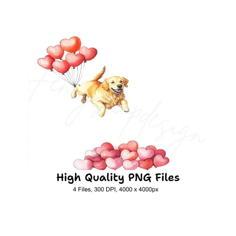 Golden Retriever Heart Balloons Clipart Bundle