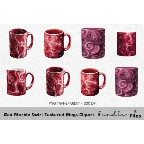 Red Marble Swirl Textured Mugs Clipart Bundle