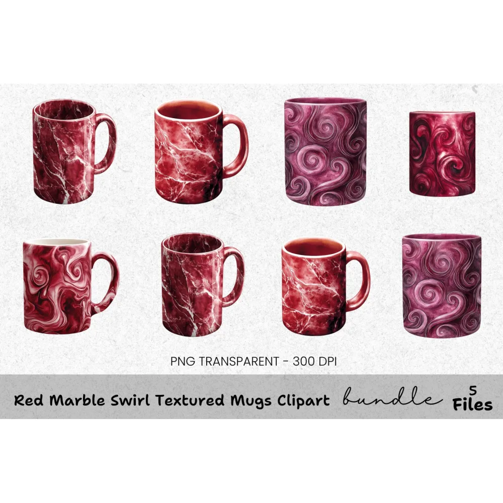 Red Marble Swirl Textured Mugs Clipart Bundle