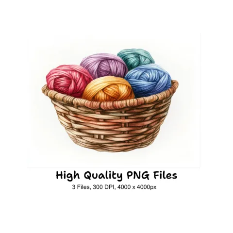 Colorful Yarn Balls in Baskets Clipart Bundle