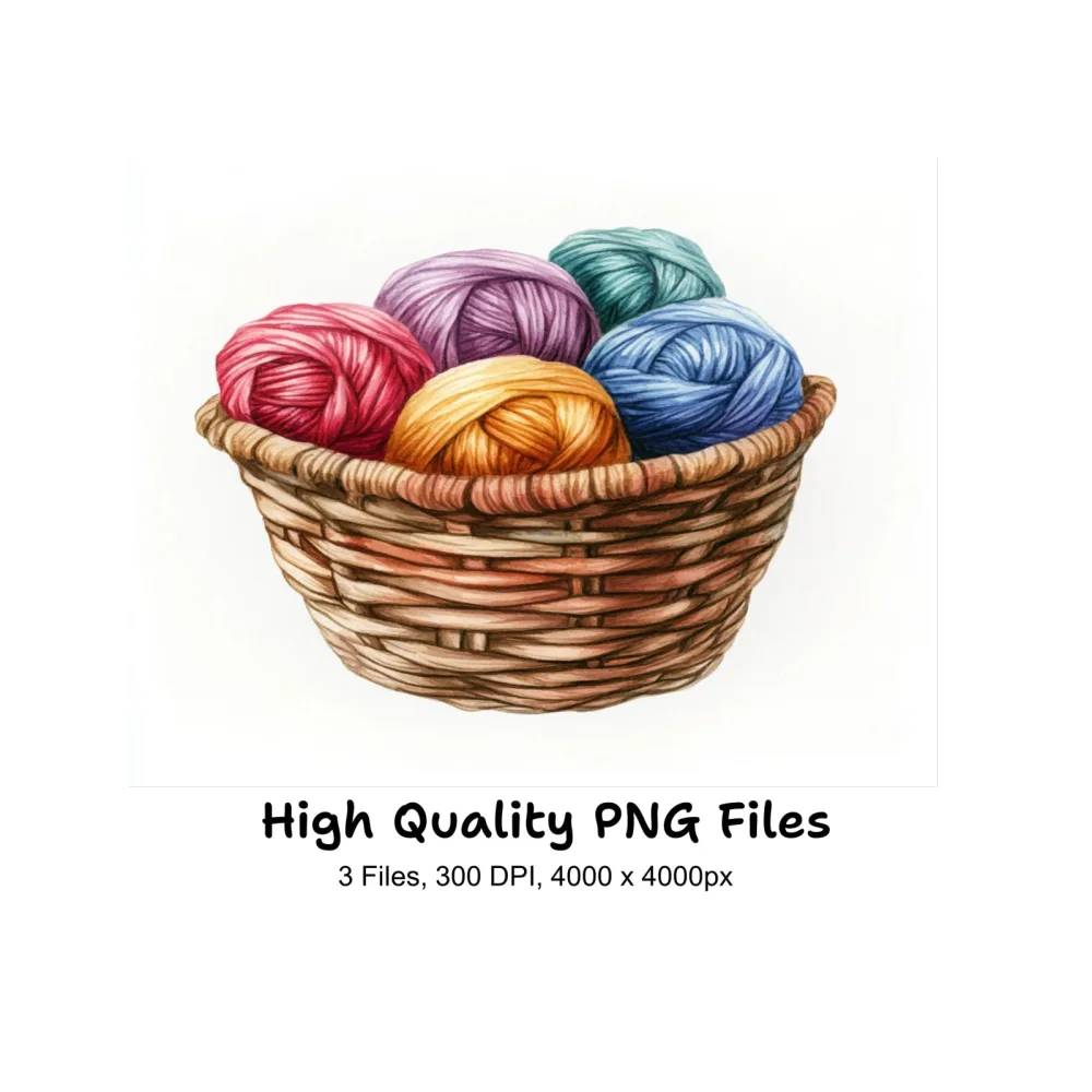 Colorful Yarn Balls in Baskets Clipart Bundle