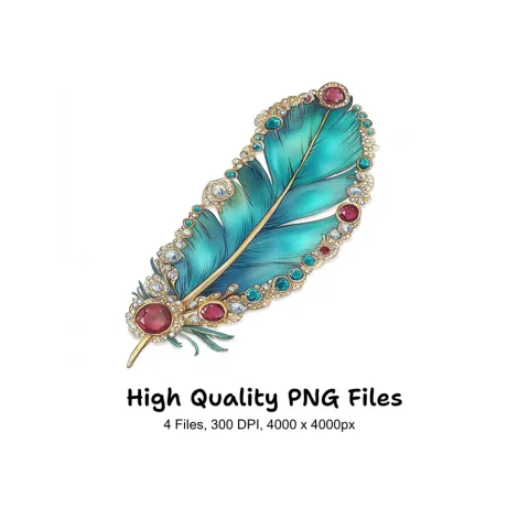 Vibrant Teal Jeweled Feather Clipart Bundle