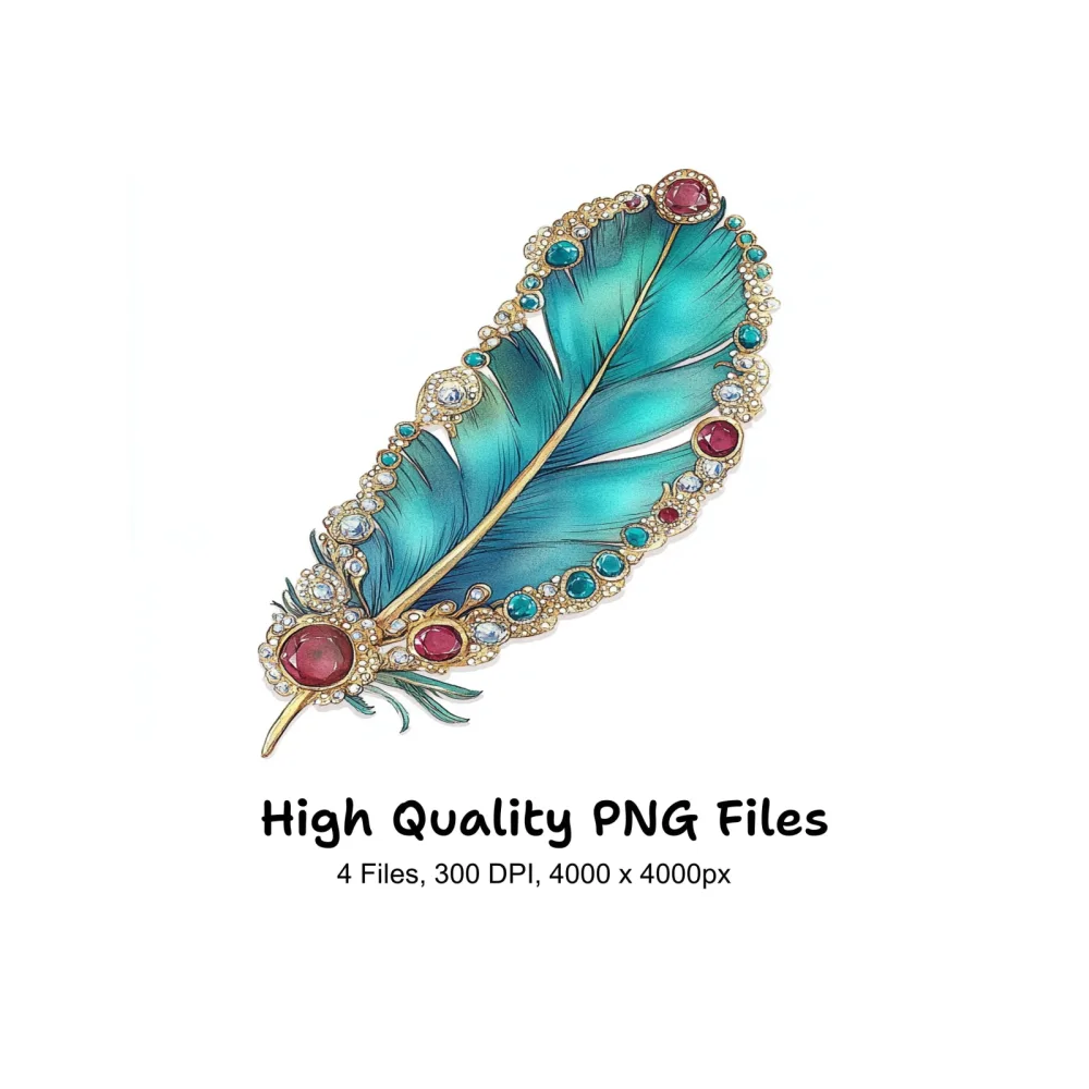 Vibrant Teal Jeweled Feather Clipart Bundle
