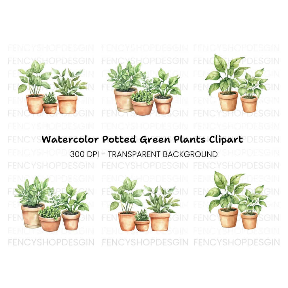 Green Potted Houseplants Clipart Bundle