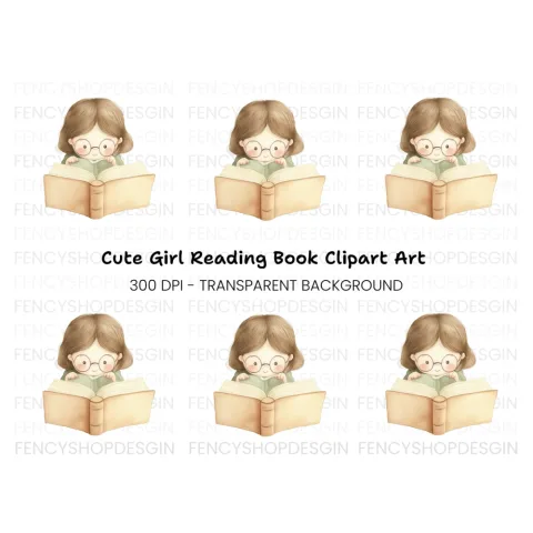Cute Girl Reading Book Clipart Bundle