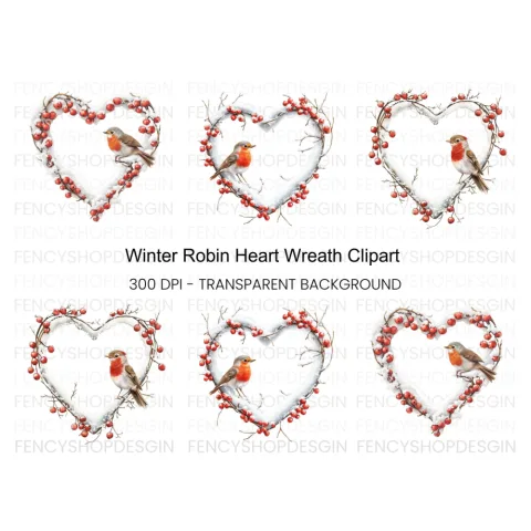 Winter Robin Heart Wreath Clipart Bundle