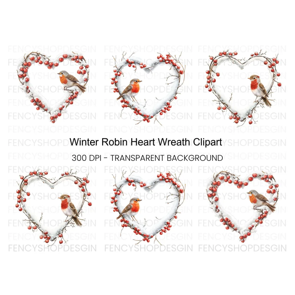 Winter Robin Heart Wreath Clipart Bundle