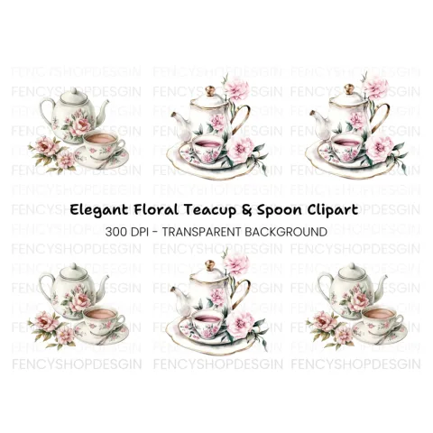 Elegant Floral Teapot and Teacup Clipart Bundle