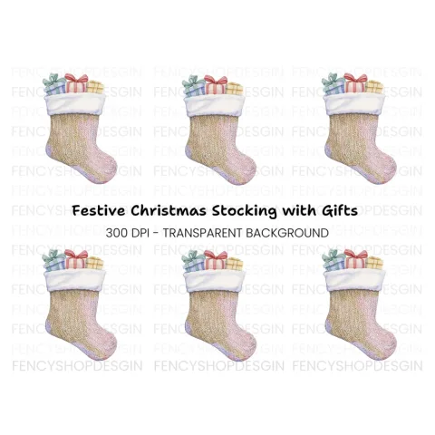 Knitted Christmas Stocking with Gifts Clipart Bundle