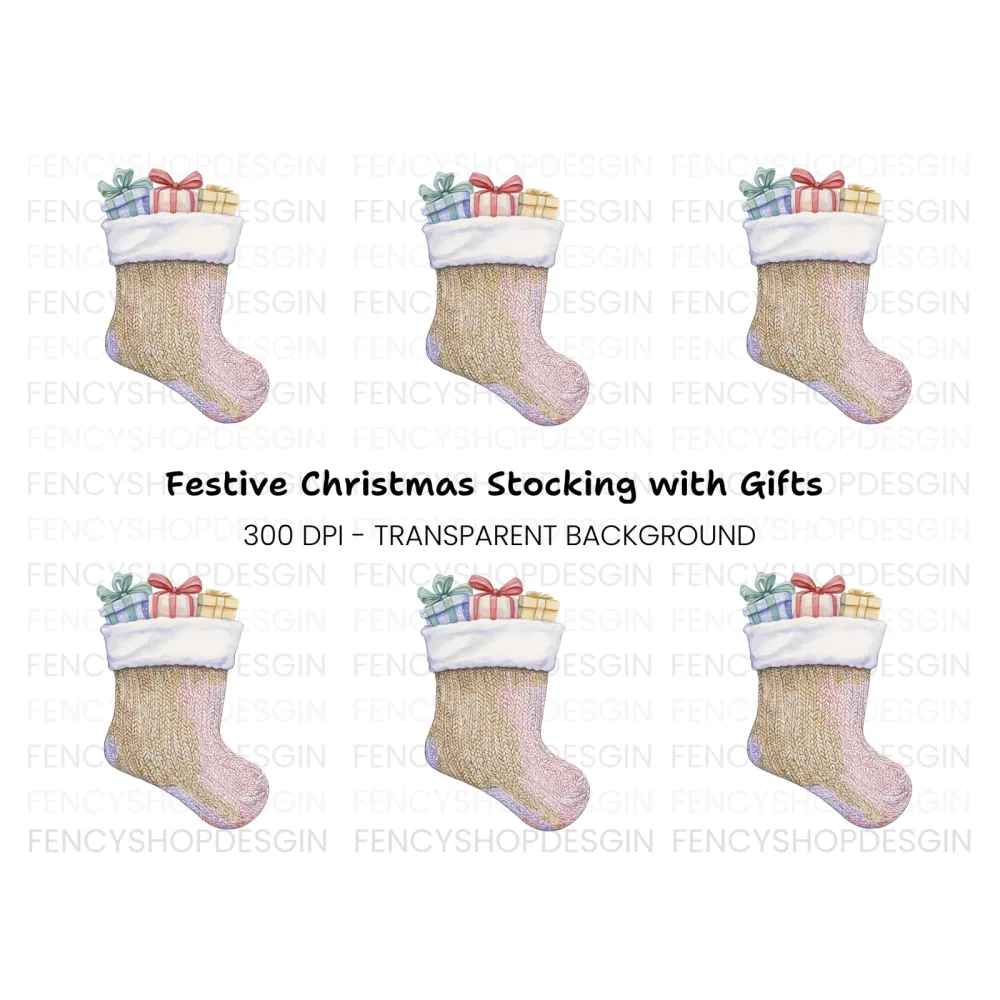 Knitted Christmas Stocking with Gifts Clipart Bundle