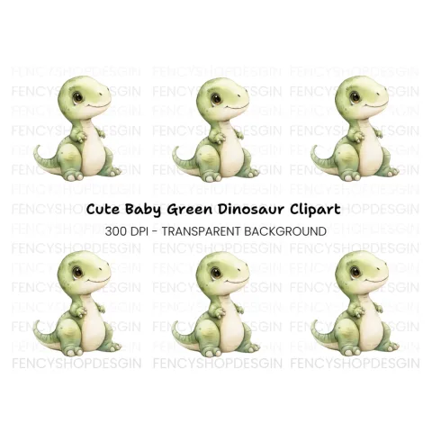 Adorable Green Baby Dinosaur Clipart Bundle