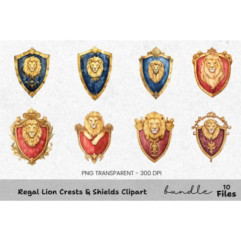 Regal Lion Crests Shields Clipart Bundle