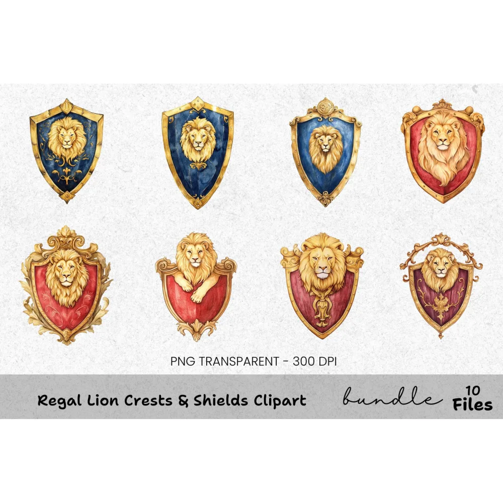 Regal Lion Crests Shields Clipart Bundle