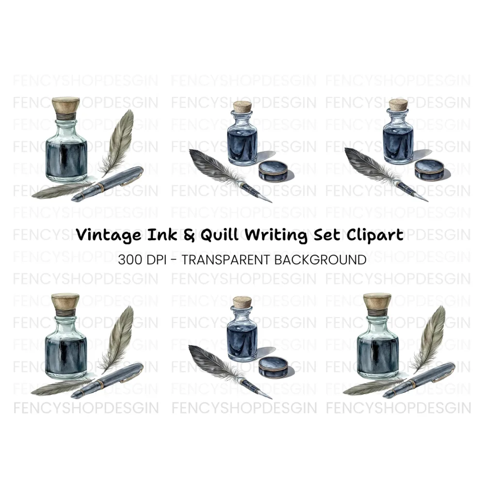 Vintage Inkwell and Quill Pen Clipart Bundle
