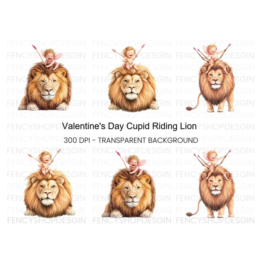 Cute Cupid Riding Lion Clipart Bundle