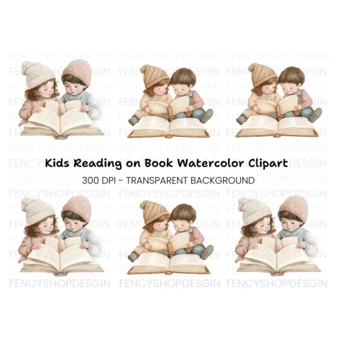 Sweet Children Reading Books Clipart Bundle