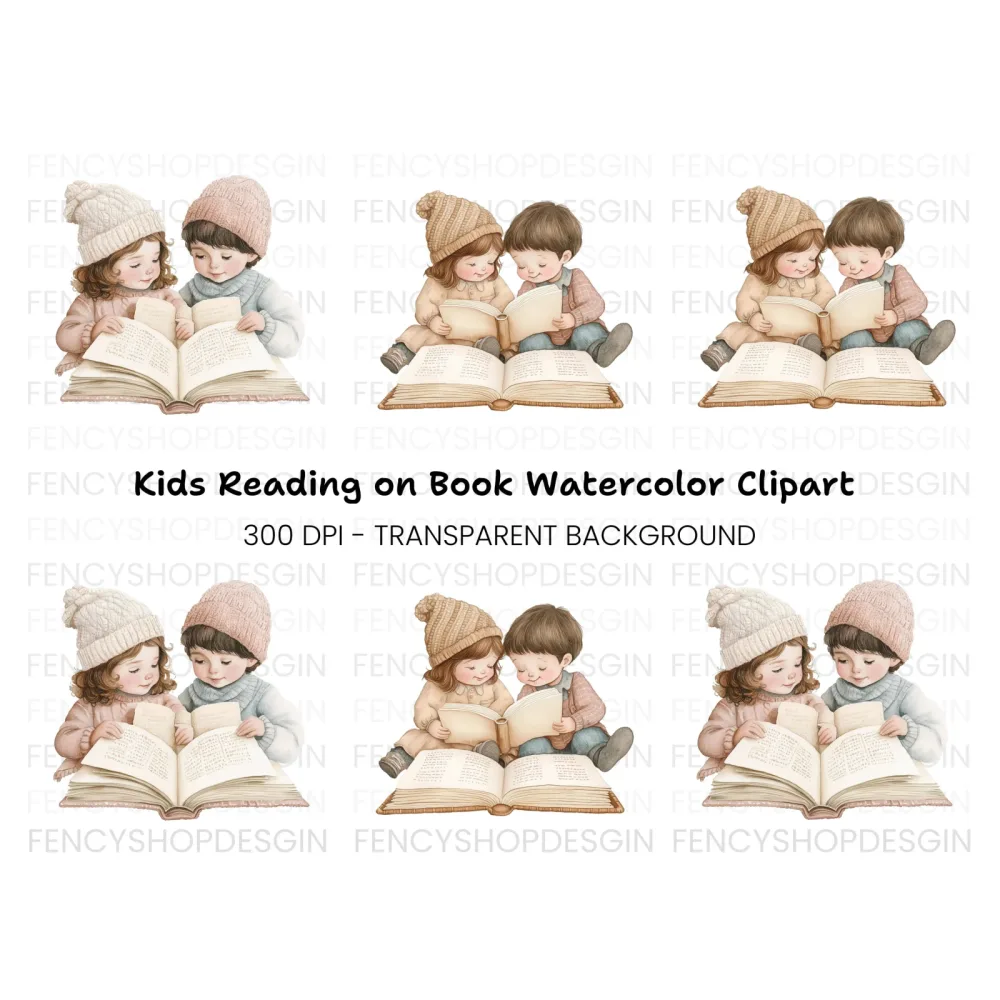 Sweet Children Reading Books Clipart Bundle