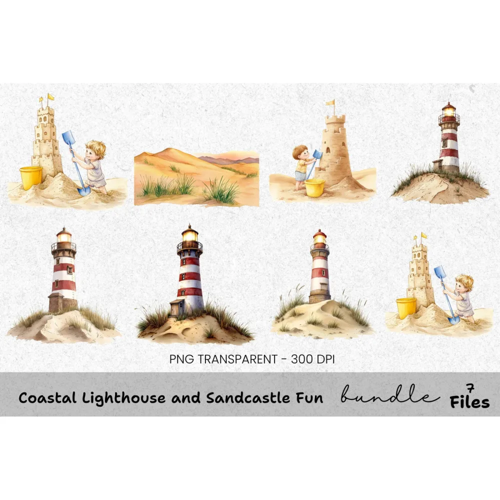 Coastal Lighthouse and Sandcastle Fun Clipart Bundle