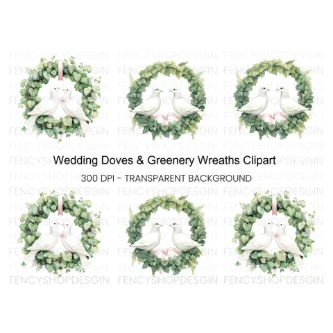 Doves in Greenery Wreath Clipart Bundle
