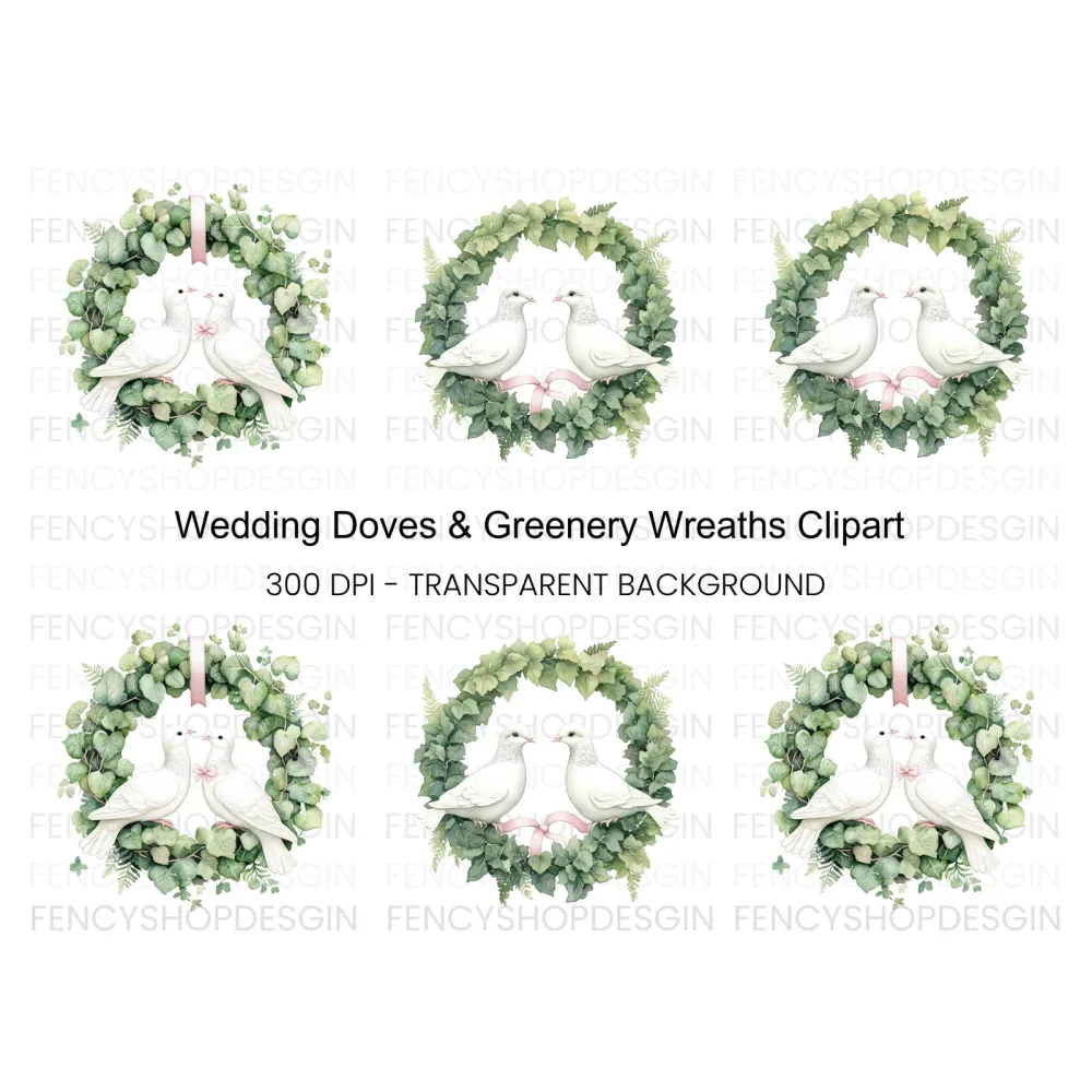 Doves in Greenery Wreath Clipart Bundle