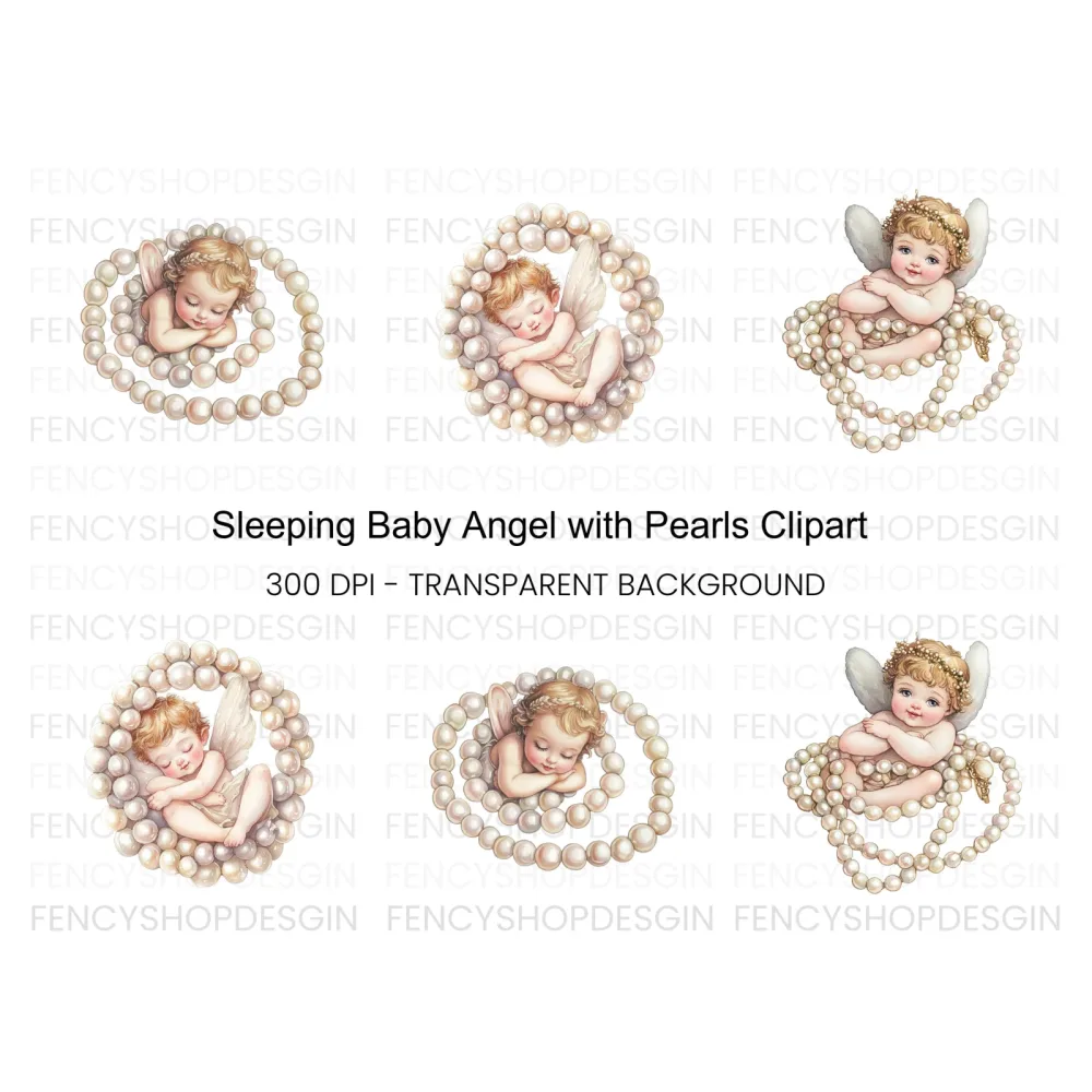 Sleeping Angel Babies with Pearls Clipart Bundle
