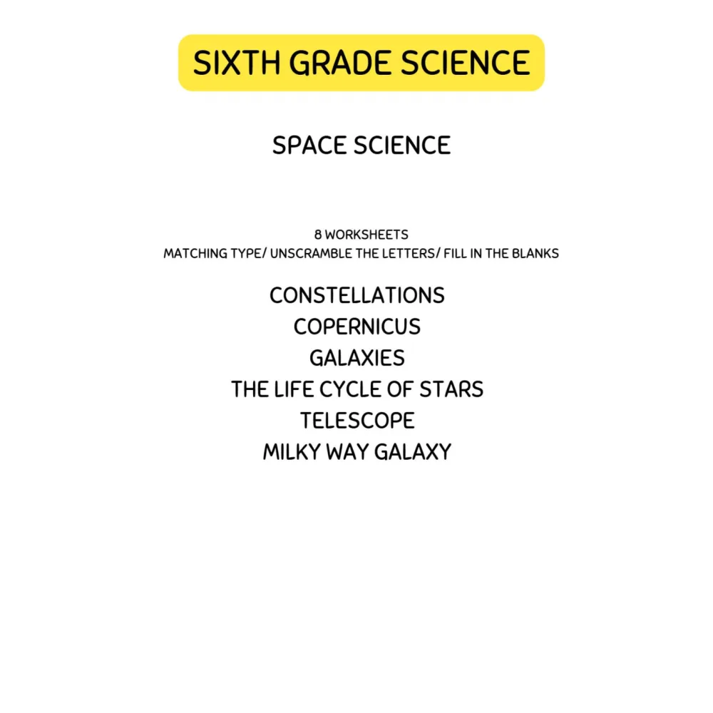 Space Science Worksheets Grade 6