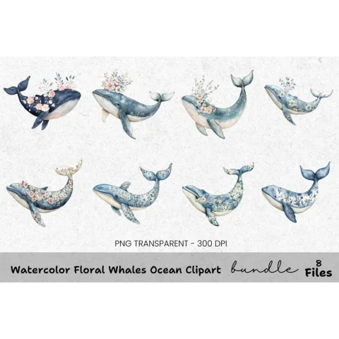 Floral Whales Ocean Clipart Bundle