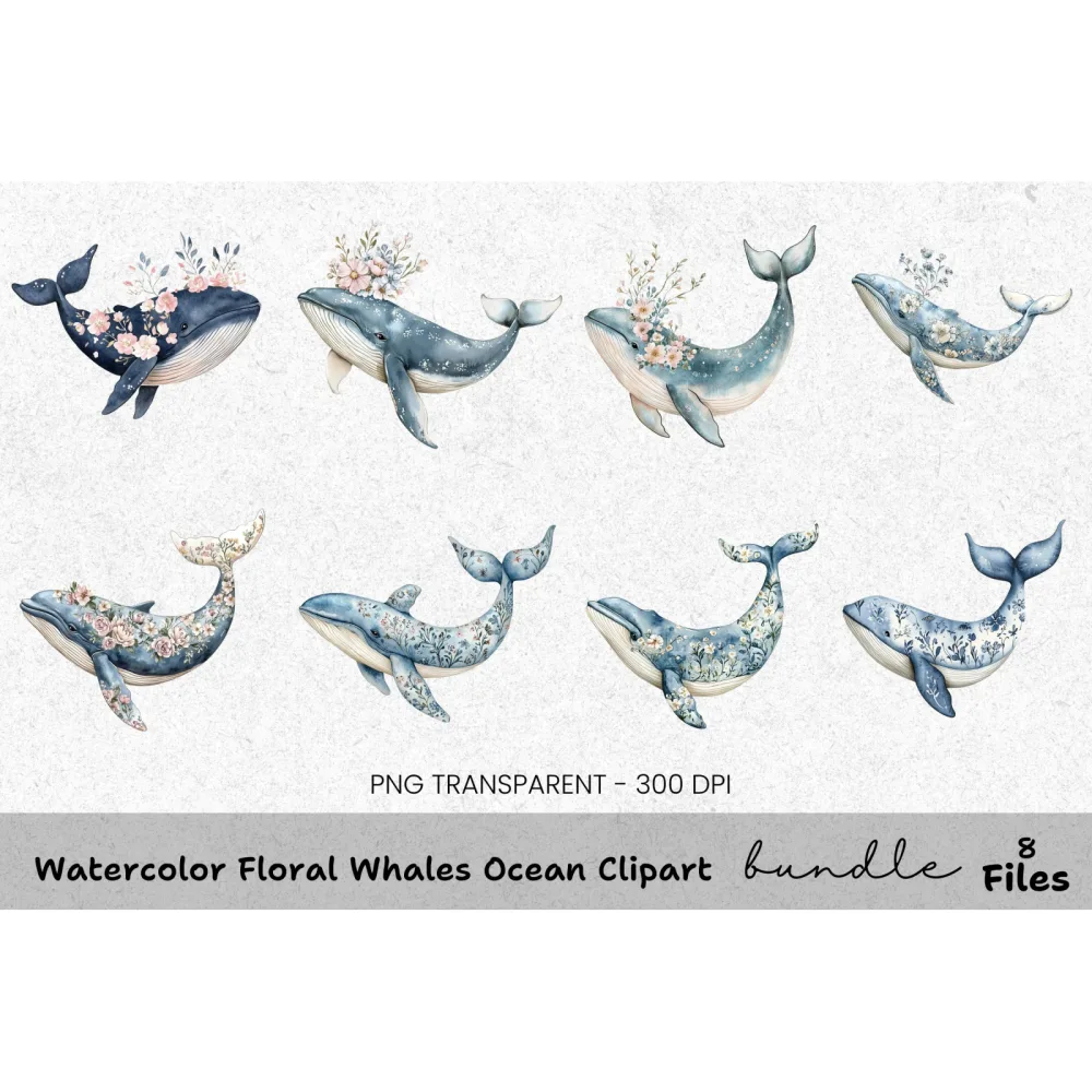 Floral Whales Ocean Clipart Bundle