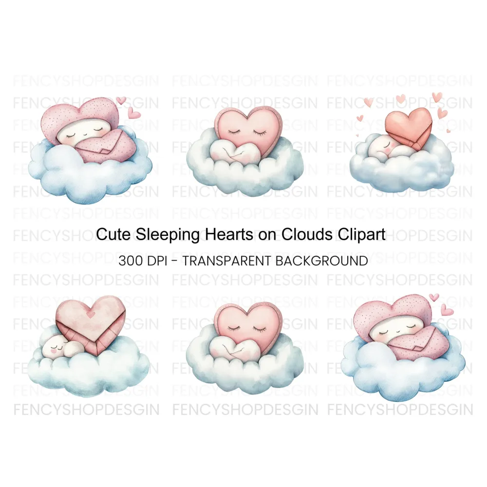 Sleeping Hearts on Clouds Clipart Bundle
