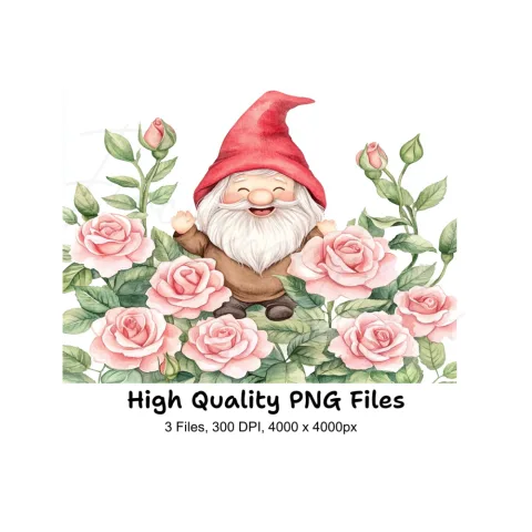 Happy Gnomes with Pink Roses Clipart Bundle