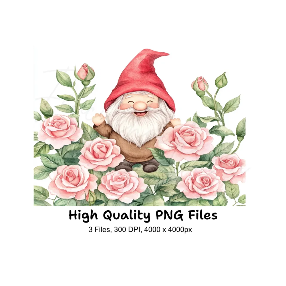 Happy Gnomes with Pink Roses Clipart Bundle
