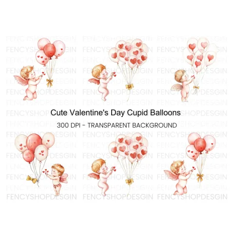 Cute Cupid with Heart Balloons Clipart Bundle