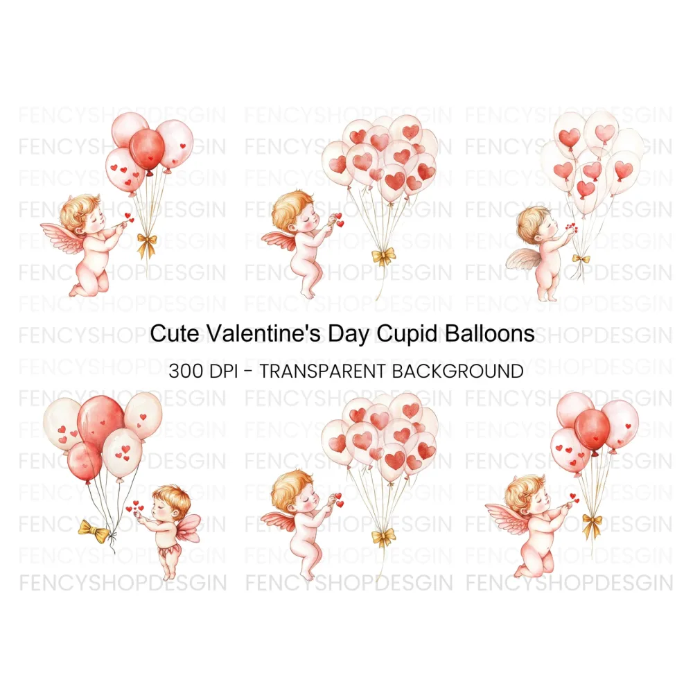 Cute Cupid with Heart Balloons Clipart Bundle