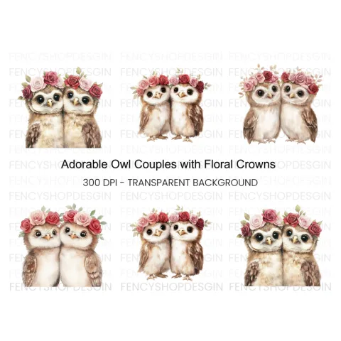 Cute Owl Couples with Flower Crowns Clipart Bundle