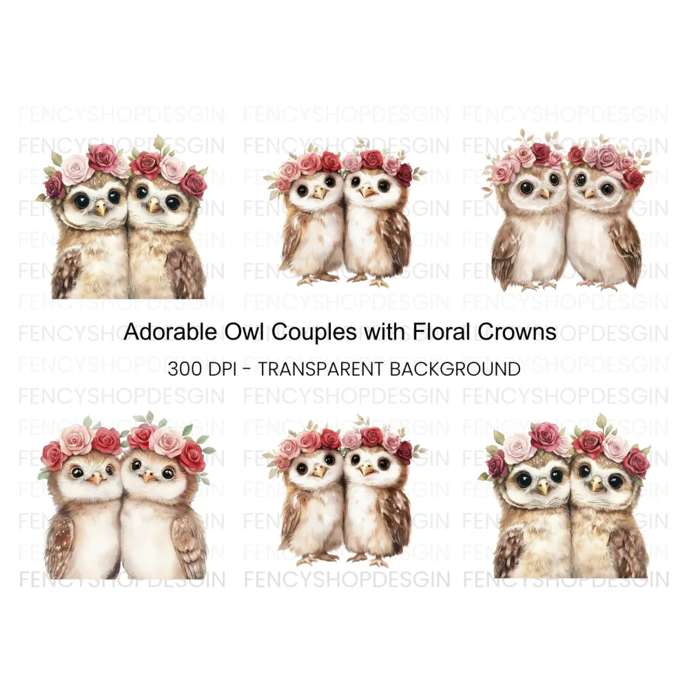 Cute Owl Couples with Flower Crowns Clipart Bundle