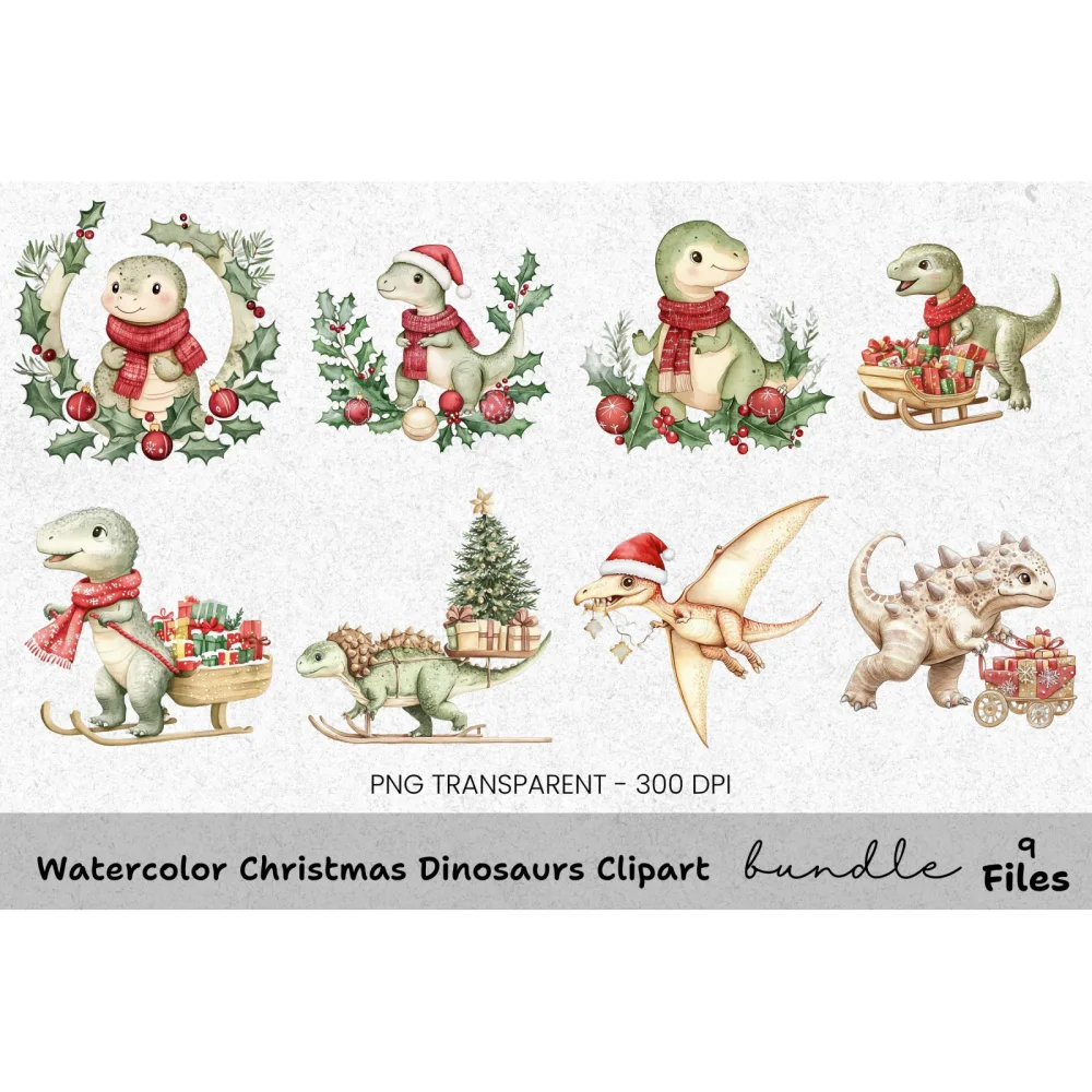 Christmas Dinosaurs Clipart Bundle